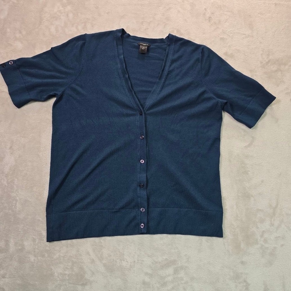 Ann Taylor Womens XL Teal Blue Short Sleeve Button Front V-Neck Cardigan Sweater